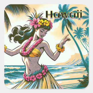 Pegatina Cuadrada Aloha | Bailarina hawaiana hula en la playa