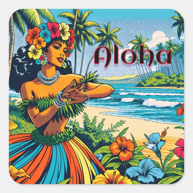 Pegatina Cuadrada Aloha | Bailarina hawaiana hula en la playa (Anverso)