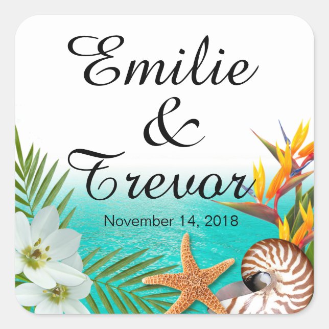 Pegatina Cuadrada Aloha Beach Wedding Plumeria Frangipani (Anverso)