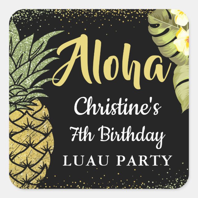 Pegatina Cuadrada Aloha Black Gold Purpurina Pineapple Floral Cumple (Anverso)