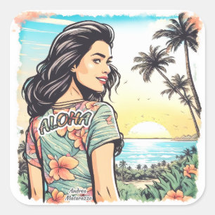 Pegatina Cuadrada Aloha Chica