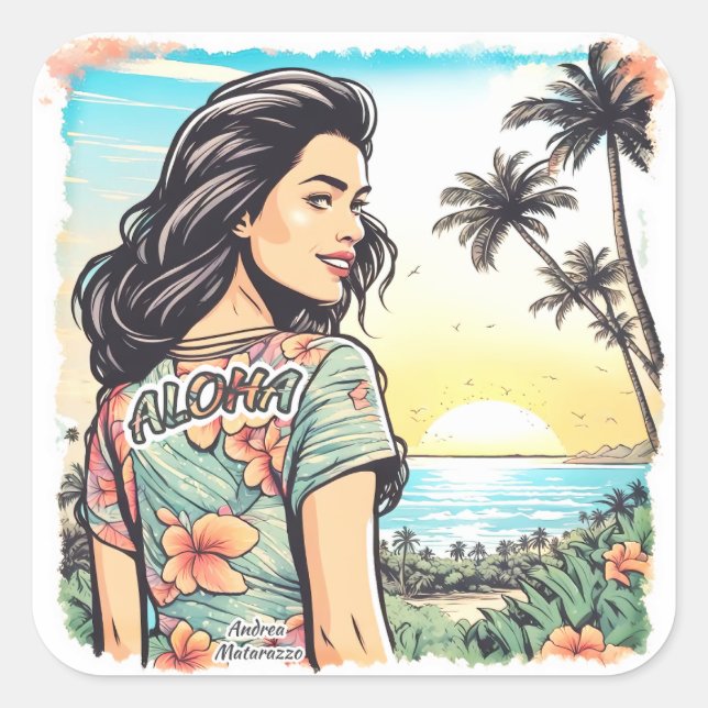 Pegatina Cuadrada Aloha Chica (Anverso)