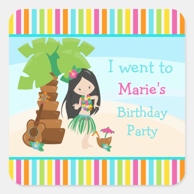 Pegatina Cuadrada Aloha Cute Chica de pelo negro Fiesta (Anverso)