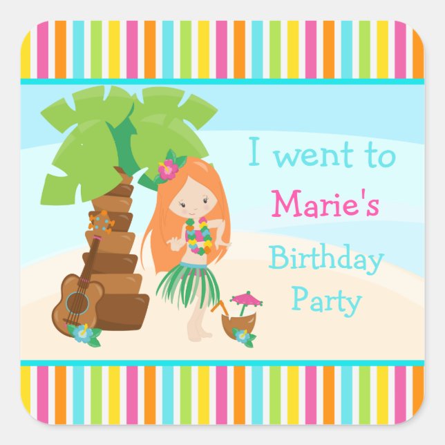 Pegatina Cuadrada Aloha Cute Red Hair Chica Fiesta (Anverso)