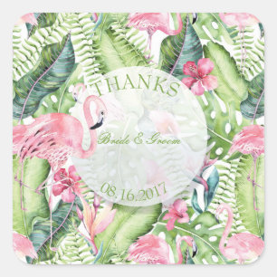 Pegatina Cuadrada Aloha Flamingo Tropical Beach Wedding Gracias