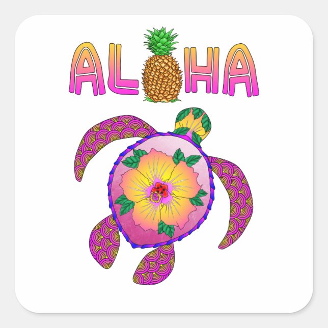 Pegatina Cuadrada Aloha Hawaiian Honu Turtle (Anverso)