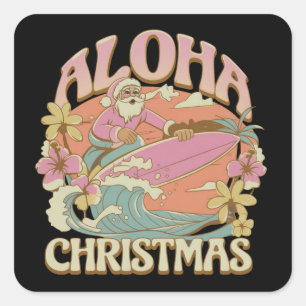 Pegatina Cuadrada Aloha Navidad Surfing Santa hawaiano Kalikimaka