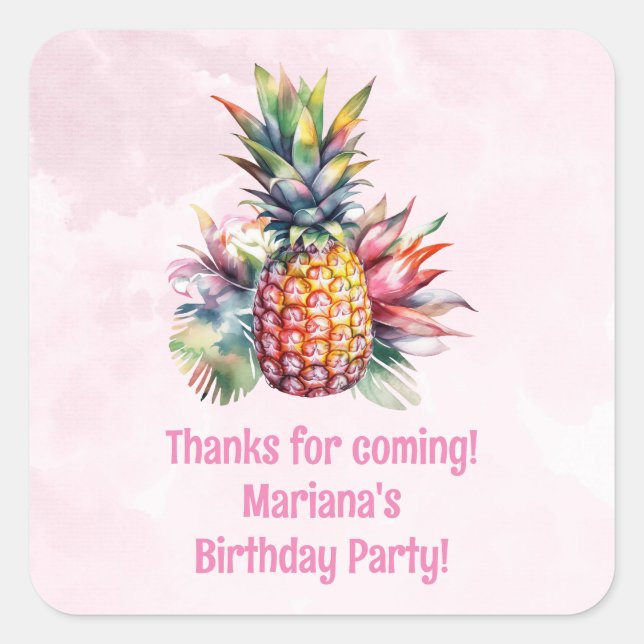 Pegatina Cuadrada Aloha Pineapple Summer Birthday Party Favor (Anverso)