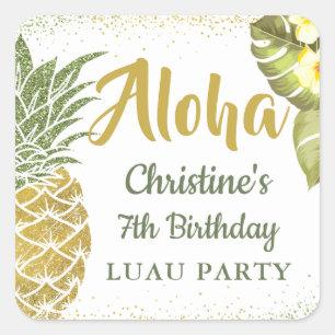 Pegatina Cuadrada Aloha Tropical Gold Purpurina Pineapple Cumpleaños