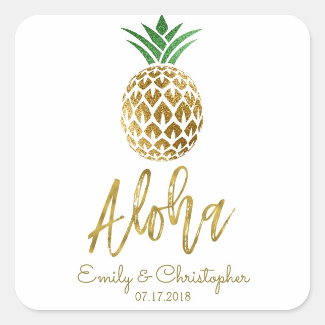 Pegatina Cuadrada Aloha Tropical Hawaiano Boda de la piña blanca (Anverso)