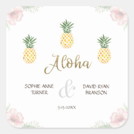 Pegatina Cuadrada Aloha Tropical Pineapple Beach Wedding