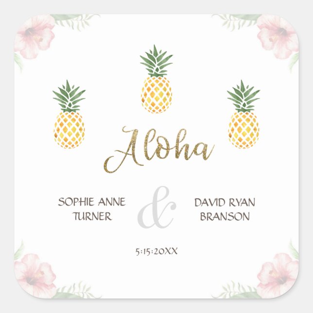Pegatina Cuadrada Aloha Tropical Pineapple Beach Wedding (Anverso)