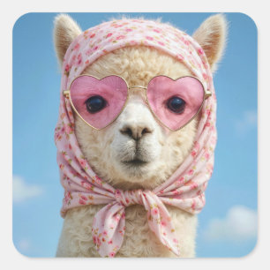 Pegatina Cuadrada Alpaca con pañuelo en la cabeza y gafas de sol
