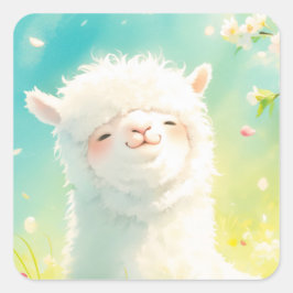 Pegatina Cuadrada Alpaca Disfrutando de las Flores en Flor
