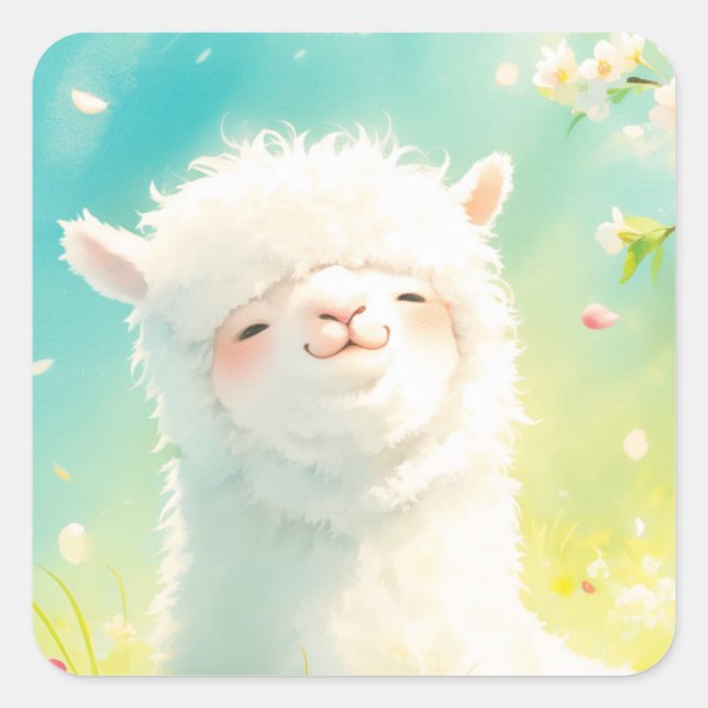 Pegatina Cuadrada Alpaca Disfrutando de las Flores en Flor (Anverso)