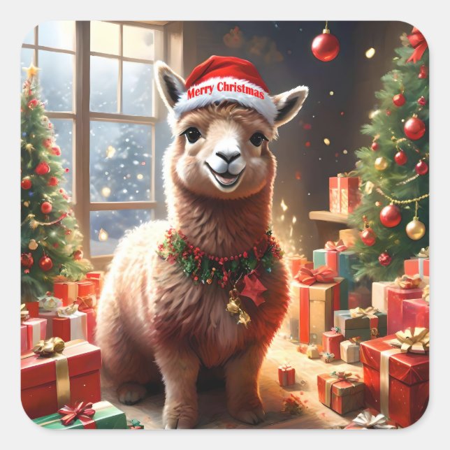 Pegatina Cuadrada "Alpaca los presentes: Una historia de Navidades" (Anverso)