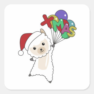 Pegatina Cuadrada Alpaca Merry Christmas Winter Animals Alpacas