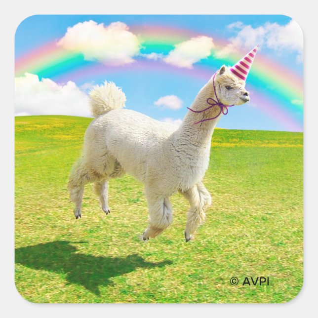 Pegatina Cuadrada Alpaca Unicornio Bajo Cielo Arcoiris (Anverso)