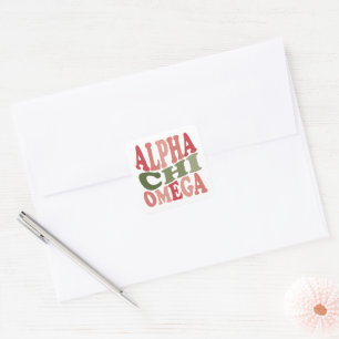 Pegatina Cuadrada Alpha Chi Omega Gráfico Retro Apilado Groovy