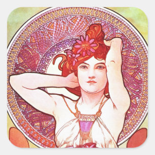 Pegatina Cuadrada Alphonse Mucha Amethyst Floral Vintage Art Nouveau