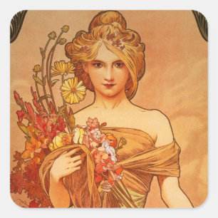 Pegatina Cuadrada Alphonse Mucha Art Deco