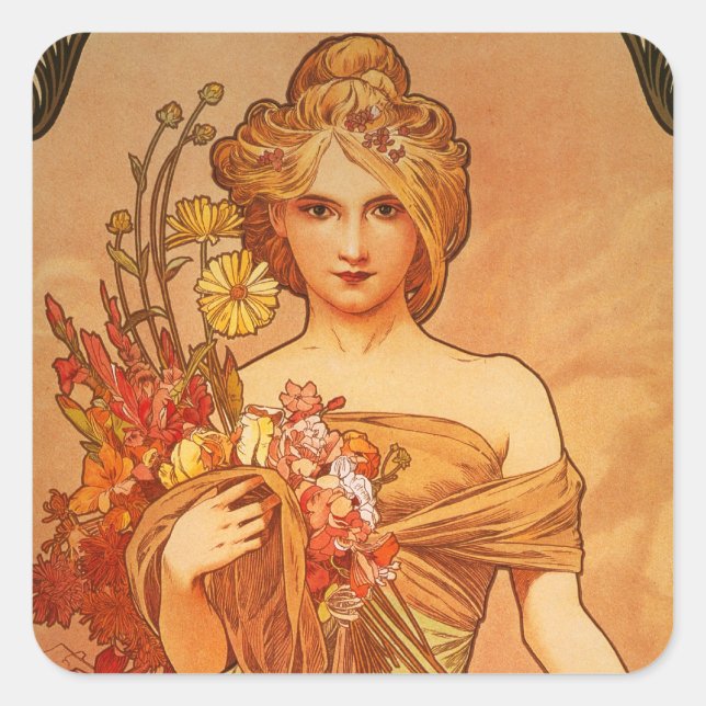 Pegatina Cuadrada Alphonse Mucha Art Deco (Anverso)