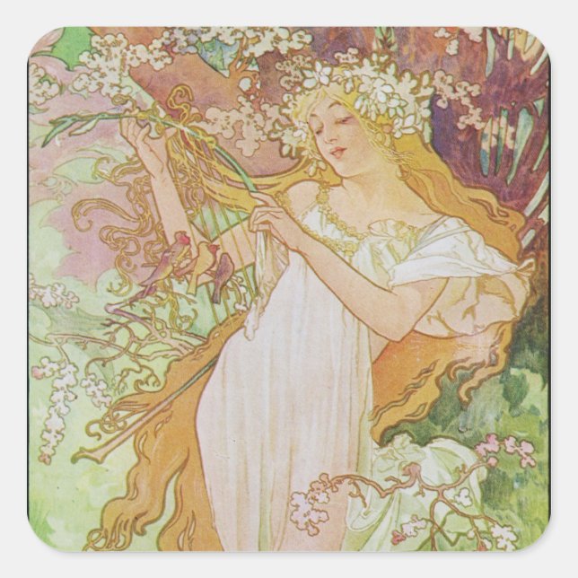 Pegatina Cuadrada Alphonse Mucha Art Deco (Anverso)