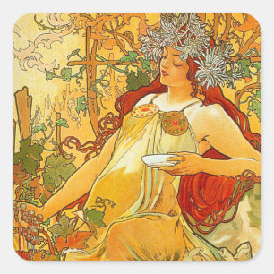 Pegatina Cuadrada Alphonse Mucha Art Nouveau Otoño