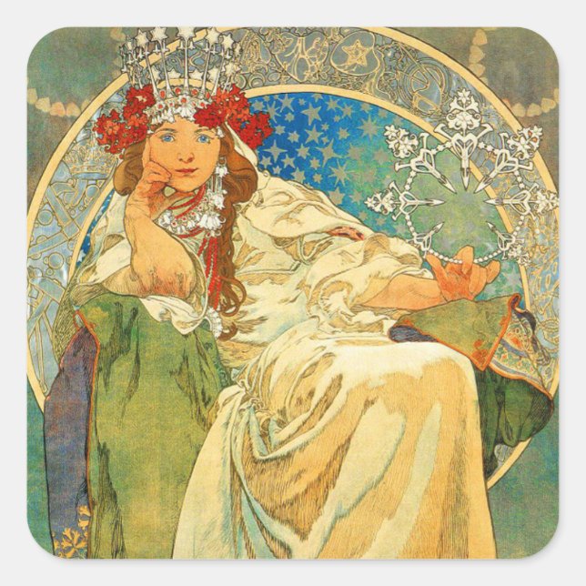 Pegatina Cuadrada Alphonse Mucha Art Nouveau Princess Hyacinth (Anverso)