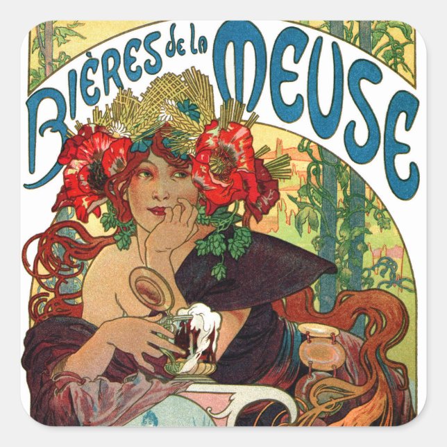Pegatina Cuadrada Alphonse Mucha Bieres De La Meuse