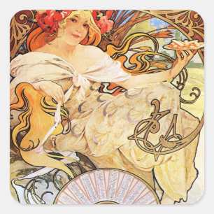 Pegatina Cuadrada Alphonse Mucha Biscuits Lefevre-Utile