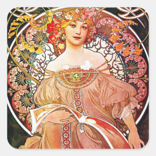 Pegatina Cuadrada Alphonse Mucha Daydream Floral Vintage Art Nouveau