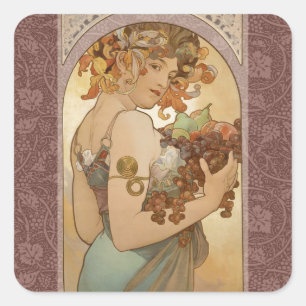 Pegatina Cuadrada Alphonse Mucha Frutas Art Nouveau Vintage Doncella