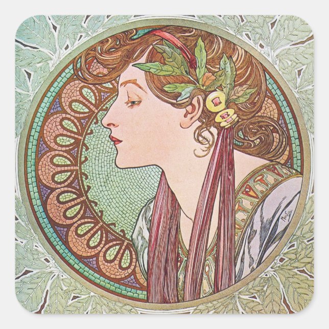 Pegatina Cuadrada Alphonse Mucha Goddess Art (Anverso)