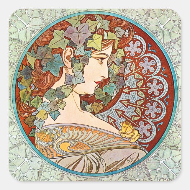 Pegatina Cuadrada Alphonse Mucha Ivy (Anverso)