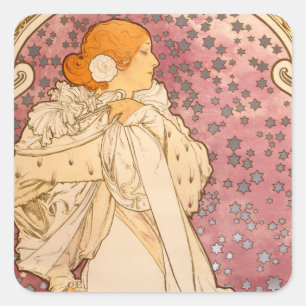 Pegatina Cuadrada Alphonse Mucha La Dame Aux Camelias: Art Nouveau 