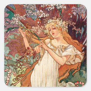 Pegatina Cuadrada Alphonse Mucha, Las Estaciones (1896) Primavera