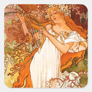 Pegatina Cuadrada Alphonse Mucha modernidad primavera