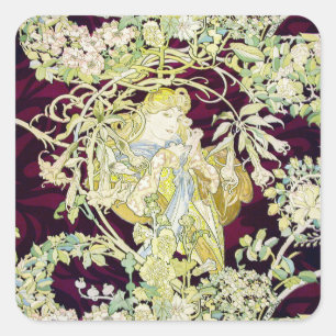Pegatina Cuadrada Alphonse Mucha Mujer con margarita Arte Nouveau Ar