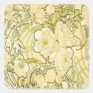 Pegatina Cuadrada Alphonse Mucha Peonías Patrón Floral Art Nouveau