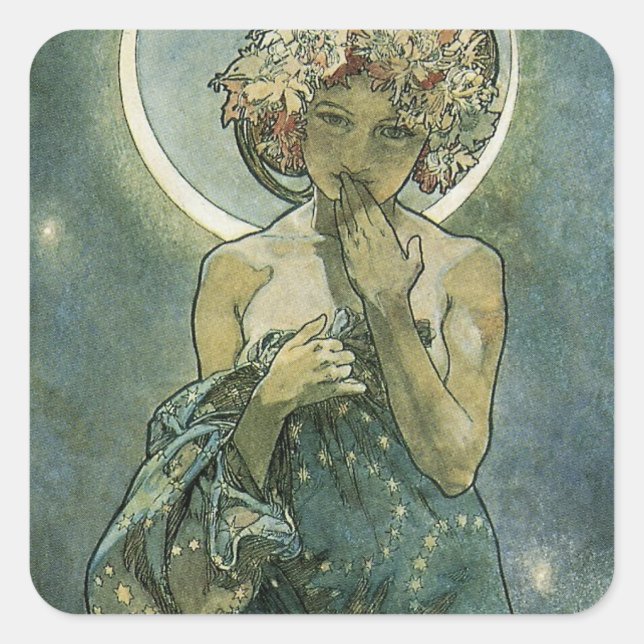 Pegatina Cuadrada Alphonse Mucha Sorprendente Mujer Art Nouveau #18 (Anverso)