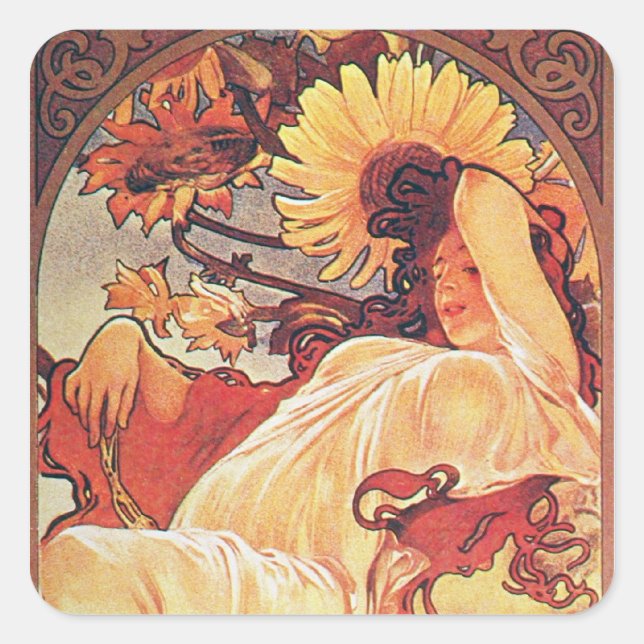 Pegatina Cuadrada Alphonse Mucha Sunflower (Anverso)
