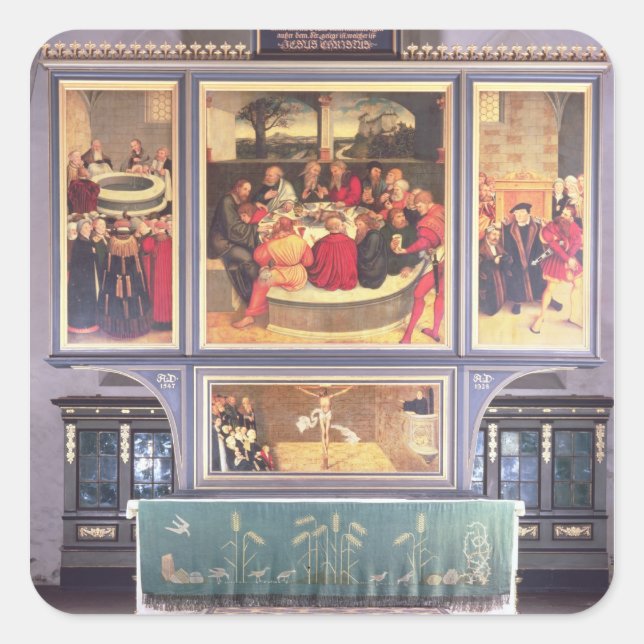Pegatina Cuadrada Altar con un tríptico que representa (Anverso)