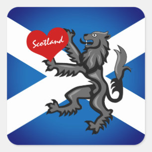 Pegatina Cuadrada Ama Escocia, Rampante, Corazón y Bandera Escocesa