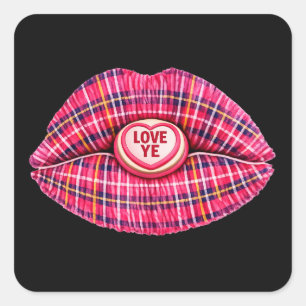 Pegatina Cuadrada Amad vuestro beso de labios de tartán escocés rosa