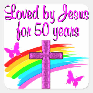 PEGATINA CUADRADA AMADO POR EL DISEÑO DE DIOS 50 DE CUMPLEAÑOS