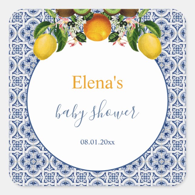 Pegatina Cuadrada Amalfi blanco y azul Lemons Italia Baby Shower (Anverso)