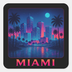 Pegatina Cuadrada Amanecer en Miami - Horizonte de Neón
