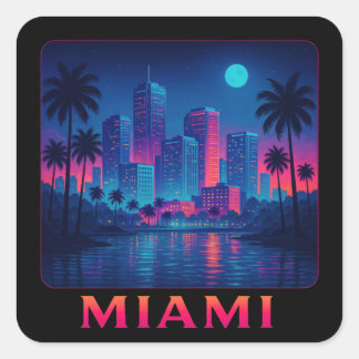 Pegatina Cuadrada Amanecer en Miami - Horizonte de Neón