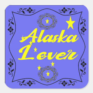 Pegatina Cuadrada Amante de Alaska. Bandera de Alaska. Flores de Ala